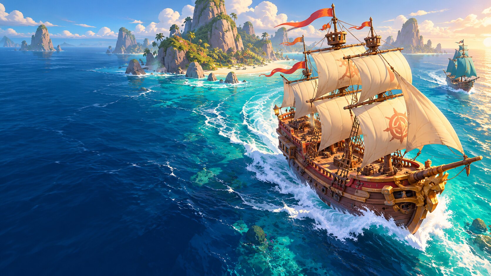 Concept art of a bold fantasy sailing ship riding a sweeping wave beside tropical islands